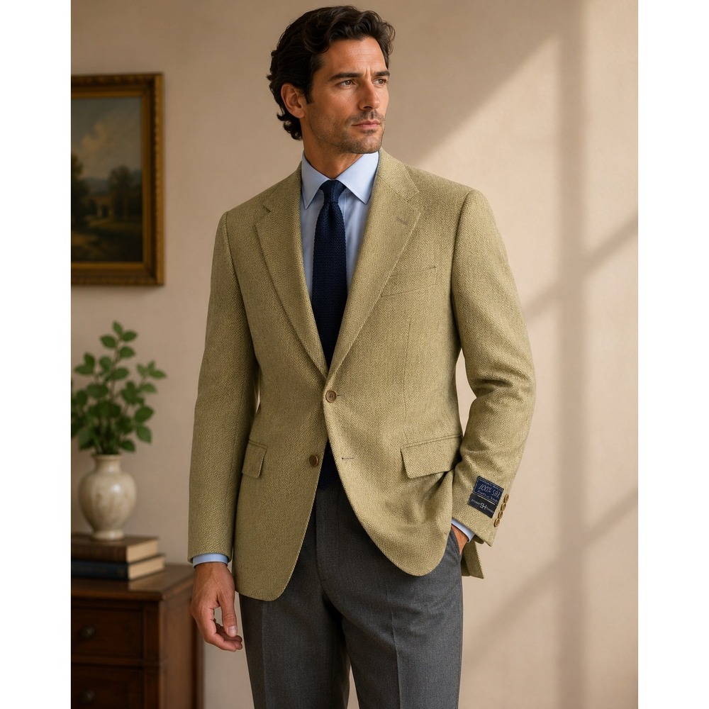 Stuart Hughes Mens 38R Sport Coat 100% Silk Herringbone Blazer Tan Gray 1554 NWT